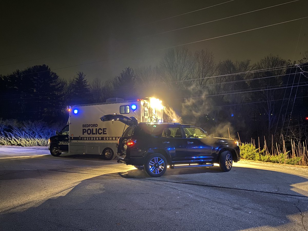 Command Post set up near the scene of a small, fiery plane crash in Bedford, NH at 11:36PM. Officials say crash was in Merrimack River and woods short of runway. Pilot reported engine trouble, is believed to be only one on board flight from NJ. Will update